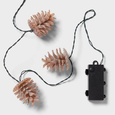10ct LED Battery Operated Sugared Pinecone Christmas Indoor/Outdoor Novelty String Lights Warm White With Green Wire - Wondershop™