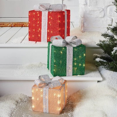 3pc Incandescent Tinsel Gift Box Christmas Novelty Sculpture Light Clear - Wondershop™