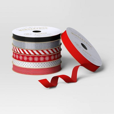 7ct 70' Christmas Fabric Ribbon Red/Black/Silver/White - Wondershop™