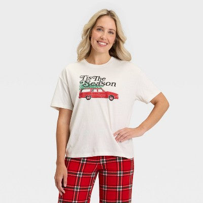 Women's "Tis The Season" Short Sleeve Holiday Matching Family Pajama Shirt - Wondershop™ Cream