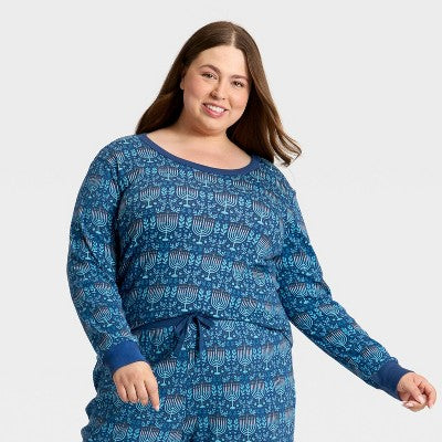 Women's Hanukkah Ribbed Long Sleeve Shirt And Pants Holiday Matching Family Pajama Set - Wondershop™ Blue