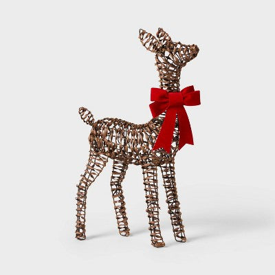 LED Faux Rattan Fawn With Red Bow Christmas Novelty Sculpture Light - Wondershop™