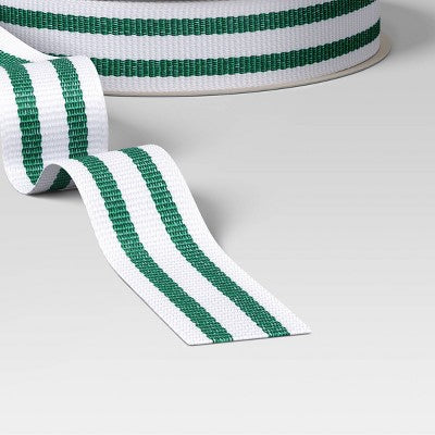18' Christmas Fabric Ribbon Grosgrain White/Green Stripes - Wondershop™
