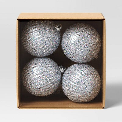 4ct 150mm Christmas Iridescent Glitter Ornament Set Sliver - Wondershop™