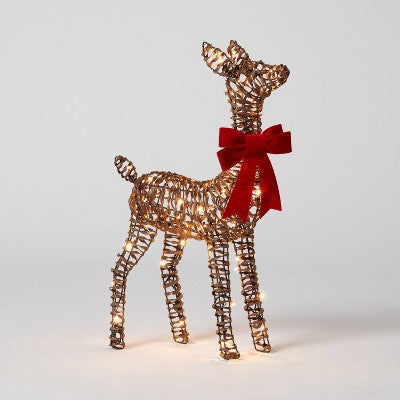 LED Faux Rattan Fawn With Red Bow Christmas Novelty Sculpture Light - Wondershop™