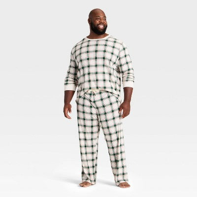 Men's Plaid Ribbed Holiday Matching Family Pajama Pants - Wondershop™ Cream