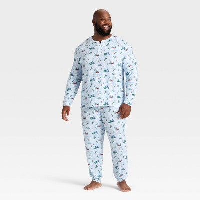 Men's "Tis The Ski-son!" Cozy Knit Long Sleeve Henley Holiday Matching Family Pajama Shirt - Wondershop™ Blue