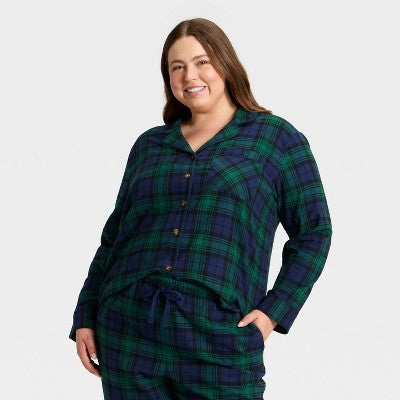 Women's Plaid Flannel Long Sleeve Shirt And Pants Holiday Matching Family Pajama Set - Wondershop™ Navy Blue