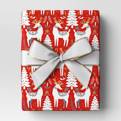 30” 20 Sq Ft Christmas Roll Wrap Scandinavian Trees And Deer On Red - Wondershop™