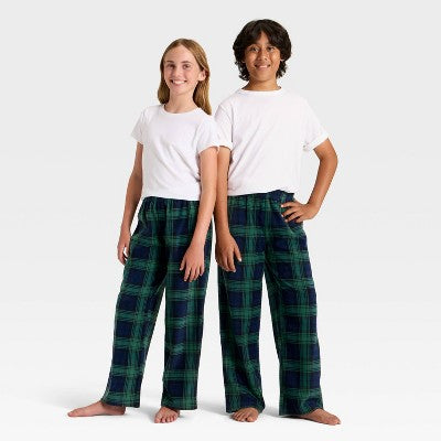 Kids' Plaid Microfleece Holiday Matching Family Pajama Pants - Wondershop™ Navy Blue