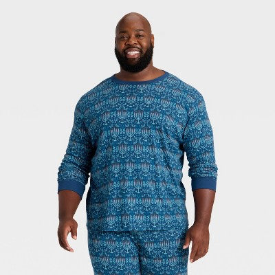 Men's Hanukkah Ribbed Long Sleeve Shirt And Pants Holiday Matching Family Pajama Set - Wondershop™ Blue