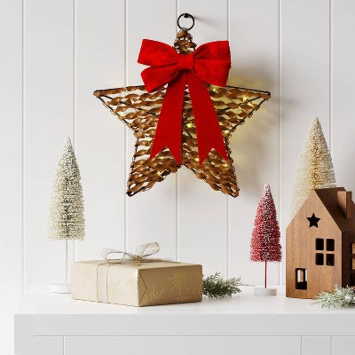 30ct Battery Operated Christmas Hanging Twisted Faux Rattan Star With Red Velvet Bow - Warm White Lights - Wondershop™