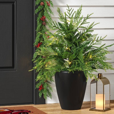  24" Pre-Lit Christmas Norfolk Cedar Artificial Greenery With Ground Stake - Wondershop™
