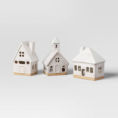 3pc Lit Ceramic Buildings Decorative Christmas Figurine Set - Wondershop™ White