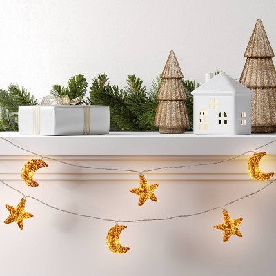  10ct LED Battery Operated Mercury Star And Moon Christmas Indoor/Outdoor Novelty String Lights Warm White With Silver Wire - Wondershop™