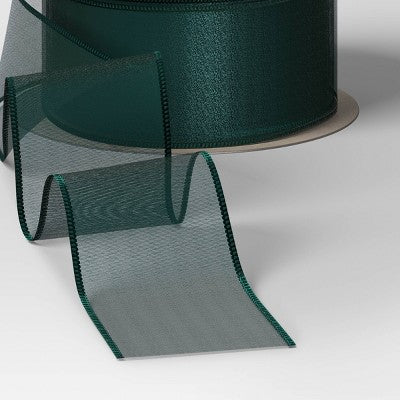  30' Christmas Fabric Ribbon Green Sheer - Wondershop™