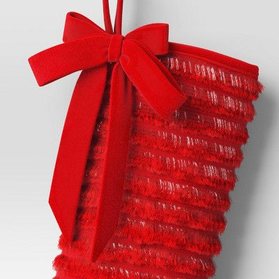  21" Christmas Fringe Fabric Stocking With Bow Red - Wondershop™