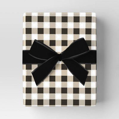  30” 25 Sq Ft Christmas Roll Wrap Cream/White/Black Gingham Check - Wondershop™