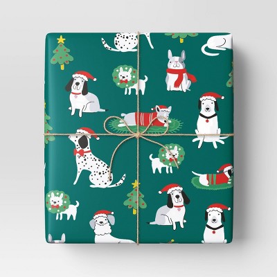  30" 50 Sq Ft Christmas Roll Wrap Illustrated Dogs On Green - Wondershop™