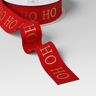  30' Christmas Fabric Ribbon Red Glitter Ho Ho Ho On Satin - Wondershop™