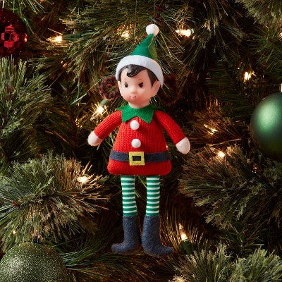  Fabric Elf Child With Braids And Green Hat Christmas Tree Ornament - Wondershop™: Indoor Holiday Decor, Polyester, 9" Height