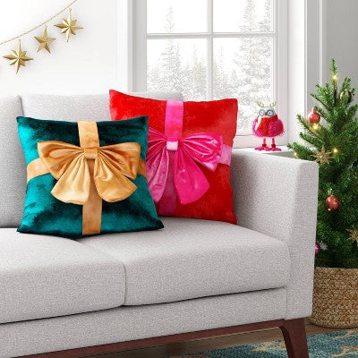  16" Christmas Red Square Pillow With Hot Pink Bow - Wondershop™
