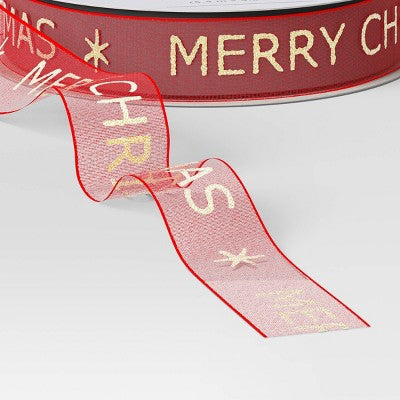  18' Christmas Fabric Ribbon Merry Christmas On Red Sheer - Wondershop™