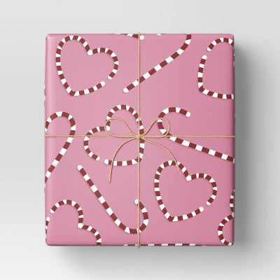  30” 55 Sq Ft Christmas Roll Wrap Red/White Heart/Candy Canes On Pink - Wondershop™