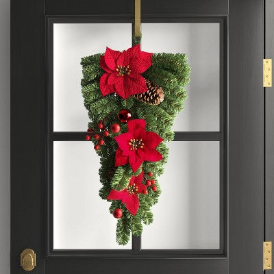  28" Decorated Pine And Poinsettia Flowers Hanging Christmas Artificial Swag - Wondershop™