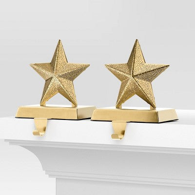  2pk Christmas Lit Metal Perforated Star Stocking Holder Gold - Wondershop™