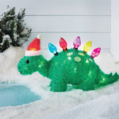  15" Incandescent Tinsel Dinosaur With Santa Hat Christmas Novelty Sculpture Light - Wondershop™