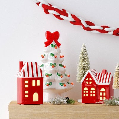  12" Lit Ceramic White Christmas Tree With Red Bow - Wondershop™