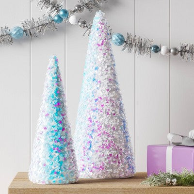  Christmas Sequins Cone Shape Tree Table Top Decor Iridescence Small - Wondershop™