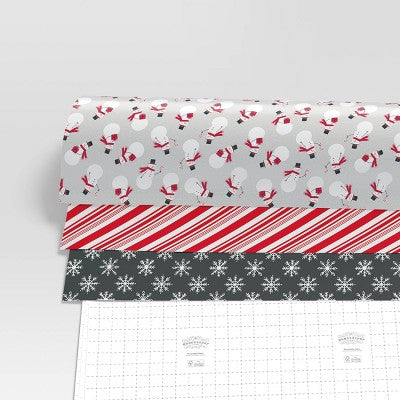  30" 3pk 180 Sq Ft Christmas Wrap Pack Snowman/Candy Stripes/Snowflakes - Wondershop™