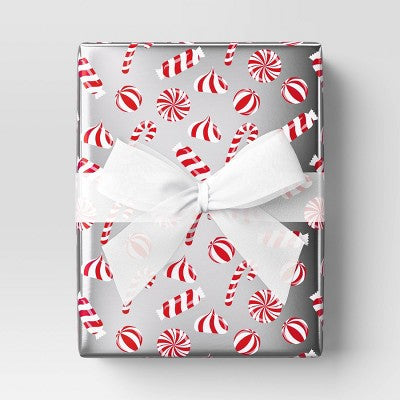  30” 25 Sq Ft Christmas Roll Wrap Red/White Candy On Silver - Wondershop™