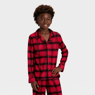  Kids' Plaid Long Sleeve Shirt And Pants Holiday Matching Family Pajama Set - Wondershop™ Red/Black