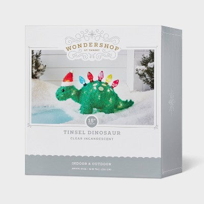  15" Incandescent Tinsel Dinosaur With Santa Hat Christmas Novelty Sculpture Light - Wondershop™